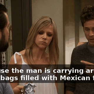 because the man is carrying around trash bags filled with Mexican foods.